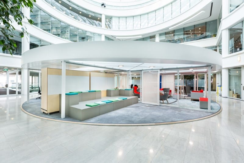 Huddlebox shown in circular office space at Global Bank