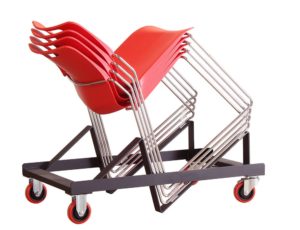 Touch chairs by Workagile stacked on a wheeled trolley