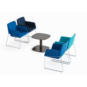 Touch armchairs by Workagile shown with coffee table
