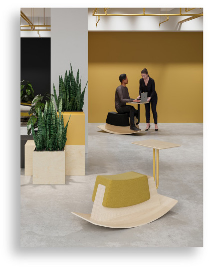 Rokkadot chair shown with yellow accents in a modern yellow office