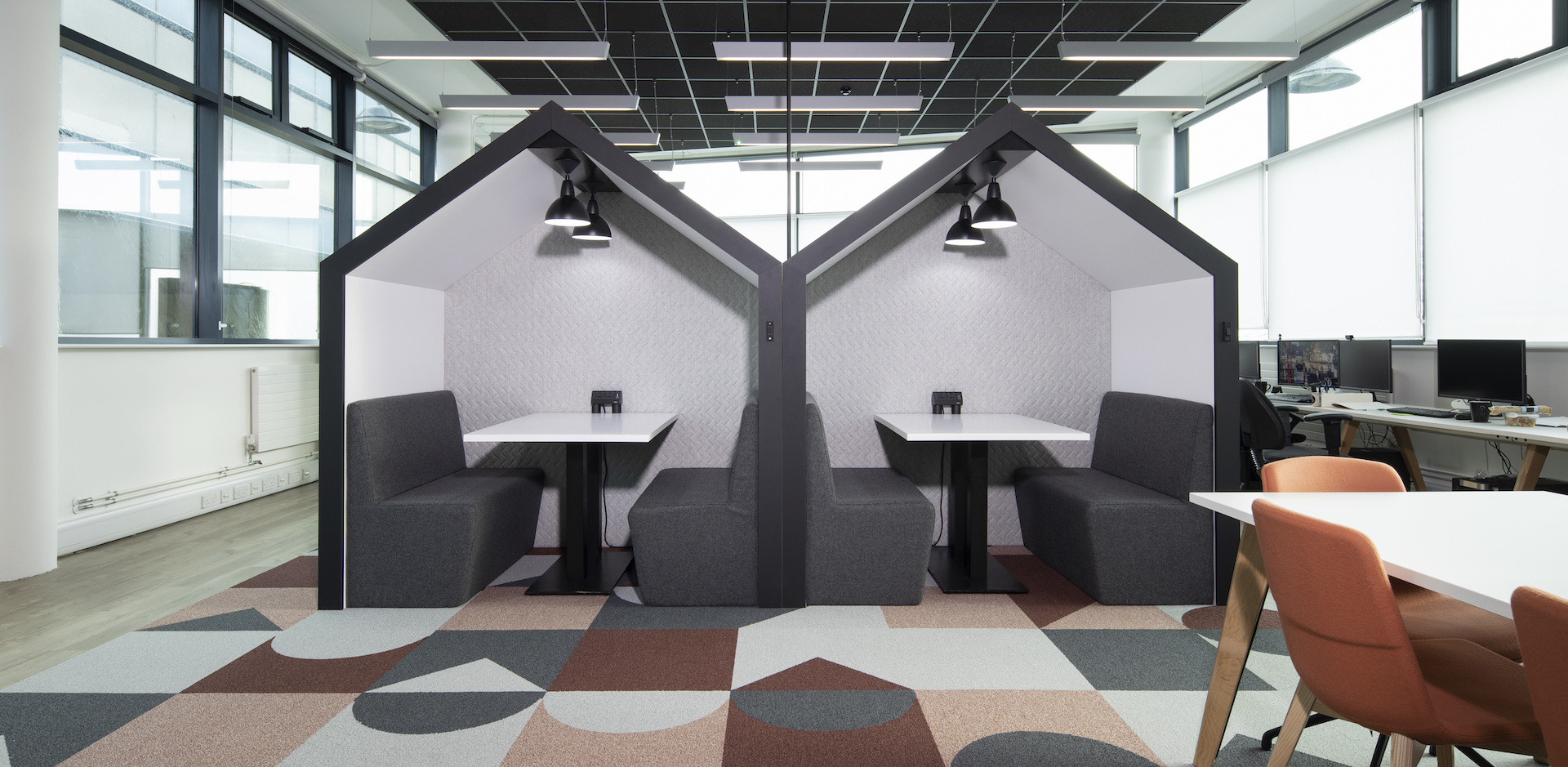 Pitched roof Shack meeting booths shown as a side view