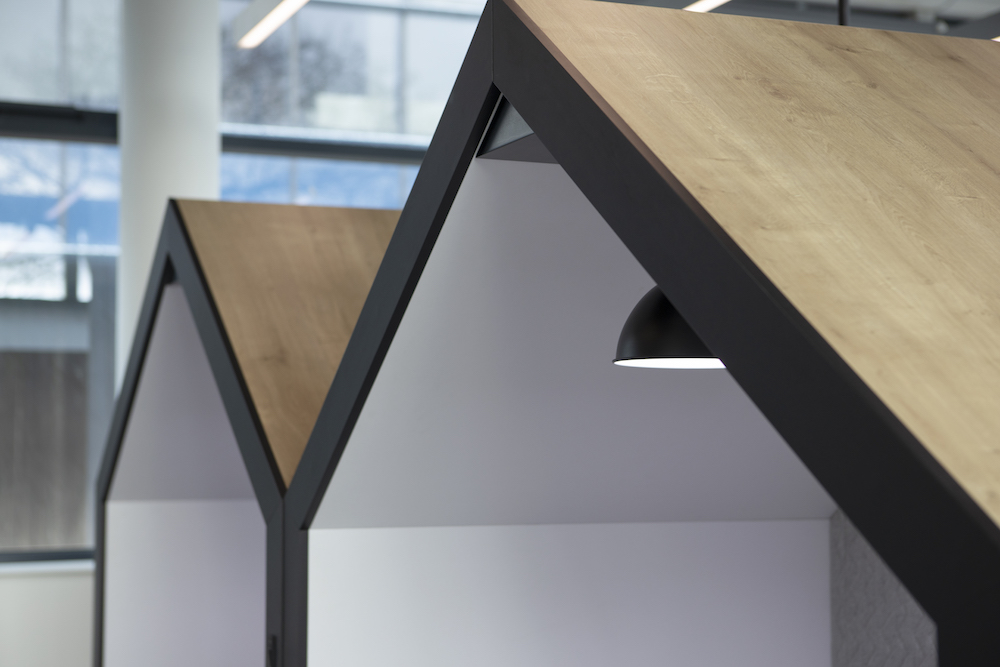 Close up of pitched roofs on Workagile Shack meeting booths