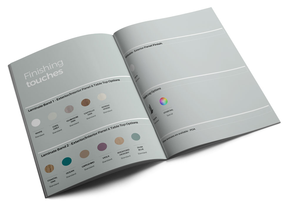 Workagile Snug brochure shown open on colour options page