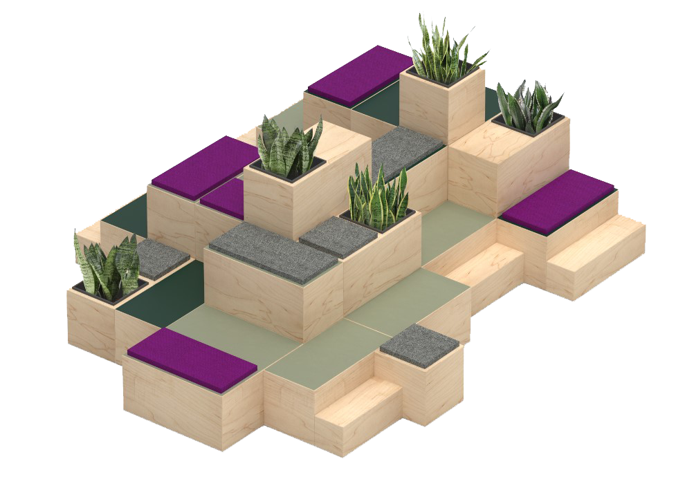 Huddlebox configuration with upholstered seating and plants