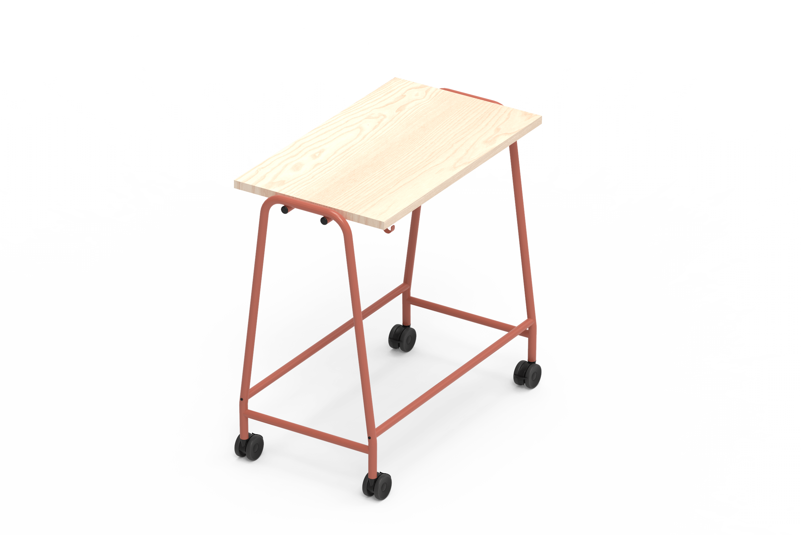 Chit chat table on wheels. Image shows red frame with plywood top