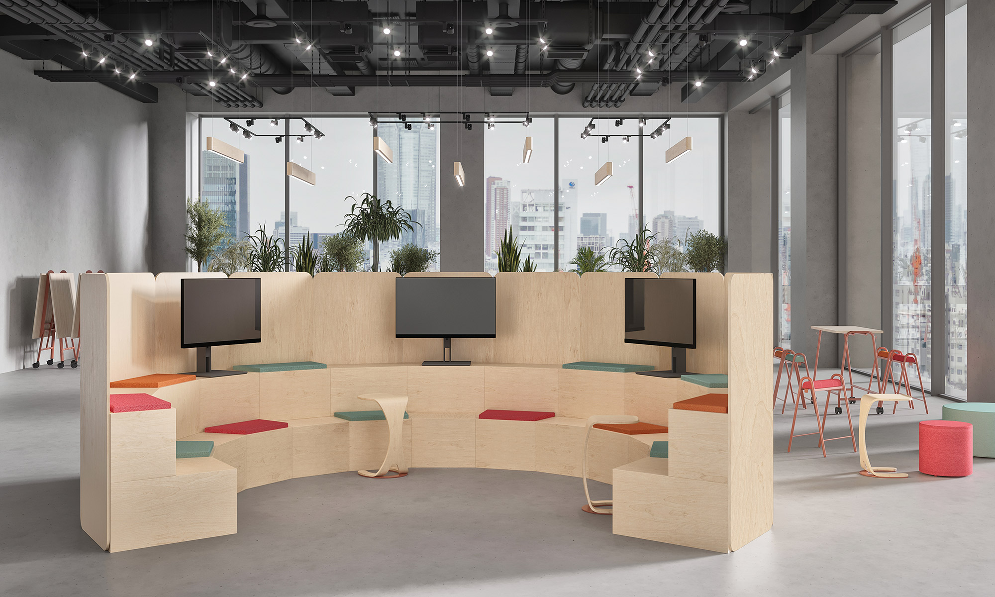 Workagile Huddlebox Camp shown in plywood finish with salsa, aquavert and orange accents
