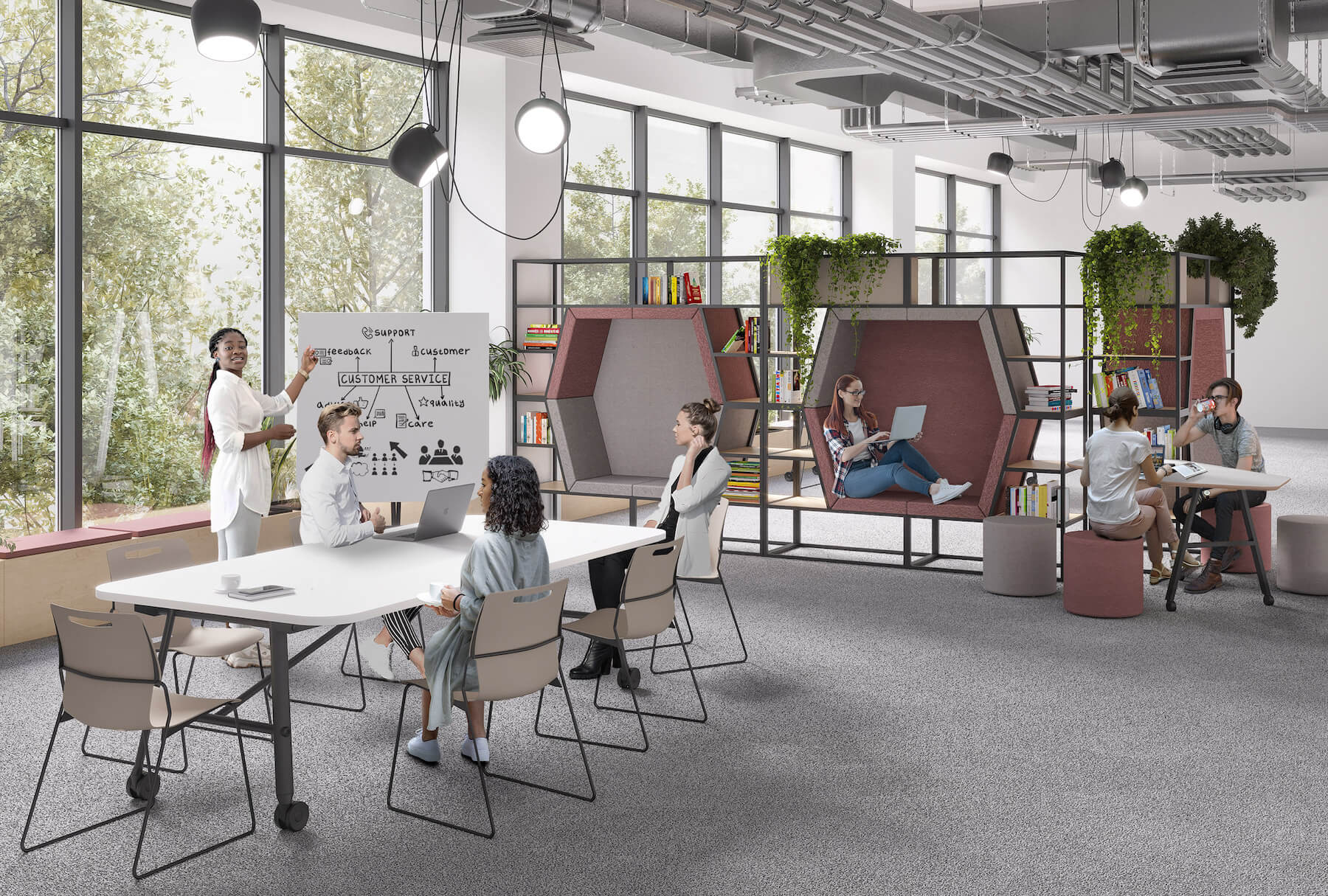 Workagile CGI showroom showing Anyway modular space divider in use